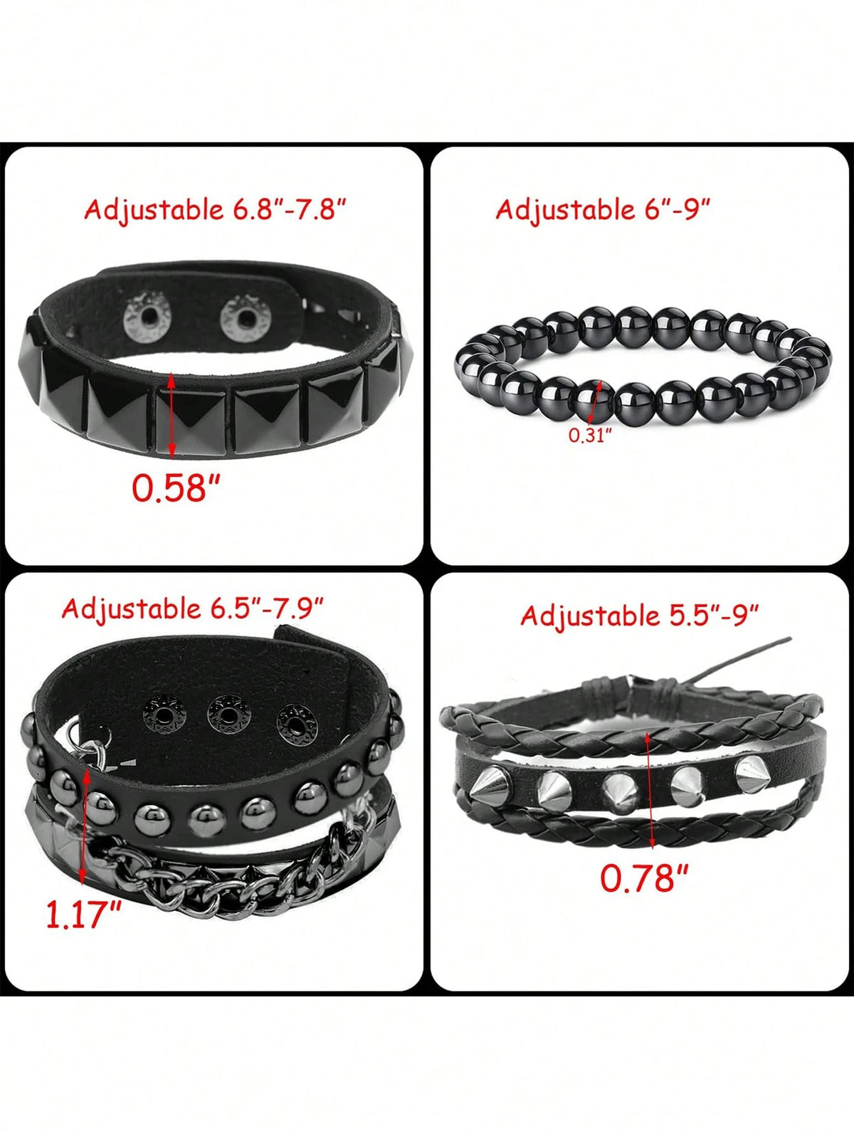 Xiacheng 4pcs PU Leather Rivet Bracelets, Unisex Spiked Punk Rock Grunge Style Cuff Wristbands, Emo Accessory Set, Suitable For 80s 90s Outfits