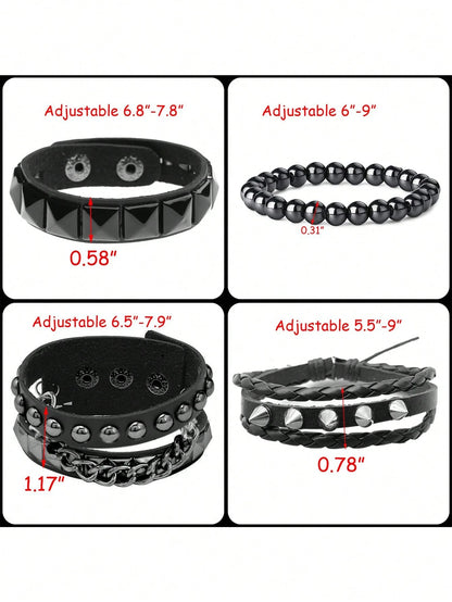 Xiacheng 4pcs PU Leather Rivet Bracelets, Unisex Spiked Punk Rock Grunge Style Cuff Wristbands, Emo Accessory Set, Suitable For 80s 90s Outfits