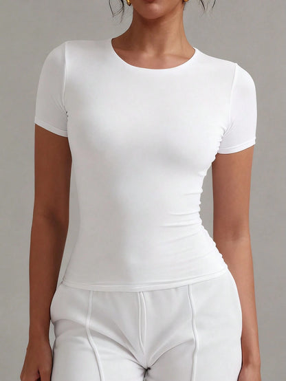 XLLAIS 2026 Women's Crew Neck Short Sleeve Solid Color Basic Fitted Sporty Casual T-Shirt, Summer