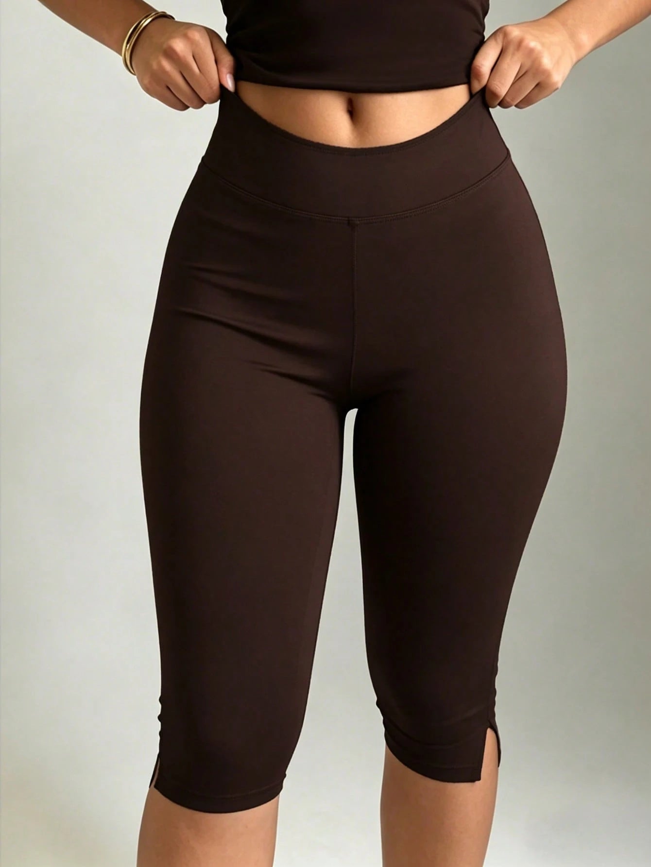 XLLAIS Women's Brown Elastic Casual Sports Fitness Capri Pants With Split Hem, Summer, Athleisure, Everyday Wear