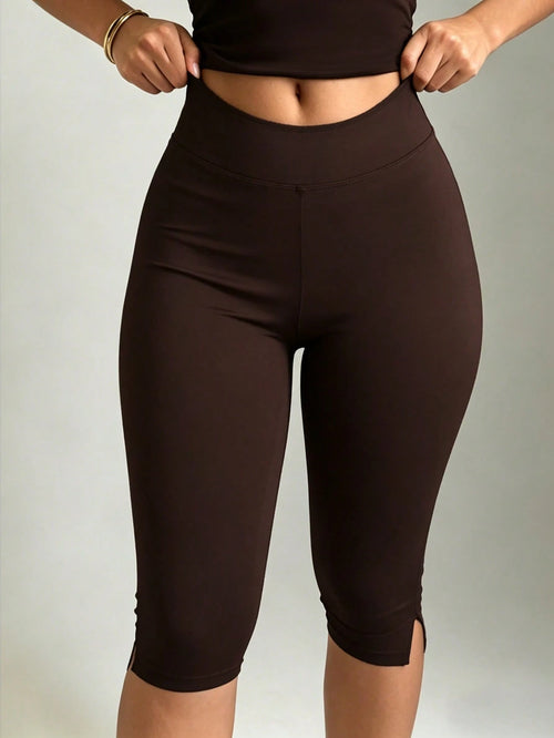 XLLAIS Women's Brown Elastic Casual Sports Fitness Capri Pants With Split Hem, Summer, Athleisure, Everyday Wear