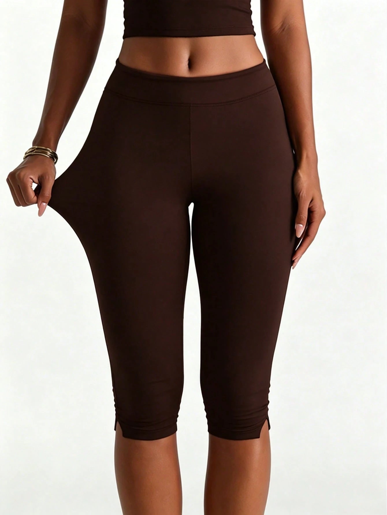 XLLAIS Women's Brown Elastic Casual Sports Fitness Capri Pants With Split Hem, Summer, Athleisure, Everyday Wear