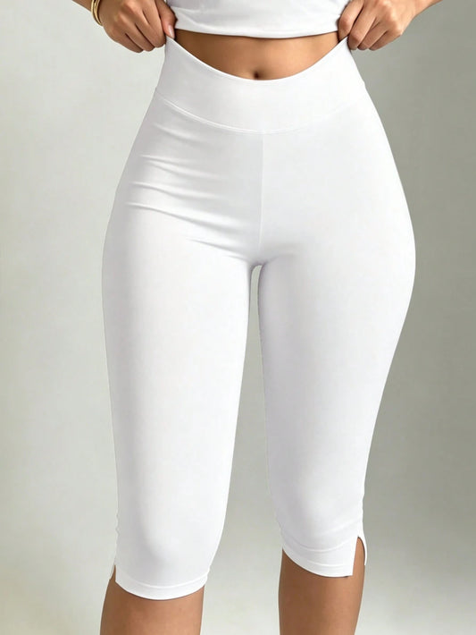 XLLAIS Women's White Elastic Casual Sports Fitness Pants With Split Hem, Cropped Length Summer, Athleisure