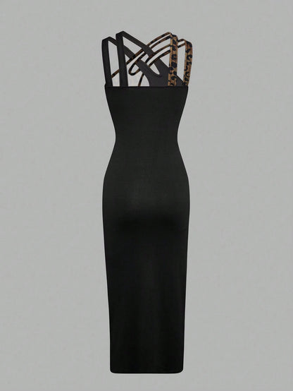 Xyvia Color-Blocked Leopard Print Halterneck Dress With Hollow-Out Details, Summer Maxi Women Outfit