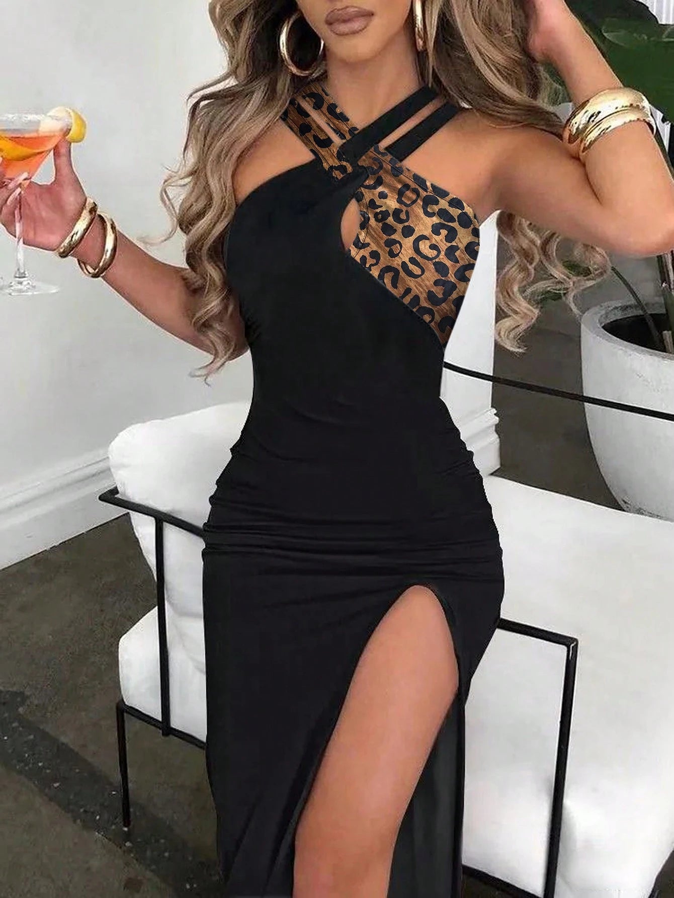 Xyvia Color-Blocked Leopard Print Halterneck Dress With Hollow-Out Details, Summer Maxi Women Outfit