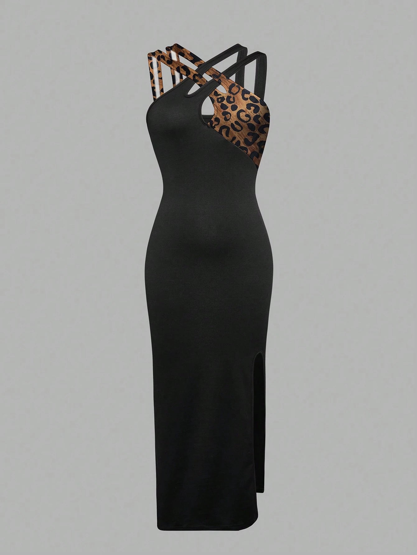 Xyvia Color-Blocked Leopard Print Halterneck Dress With Hollow-Out Details, Summer Maxi Women Outfit