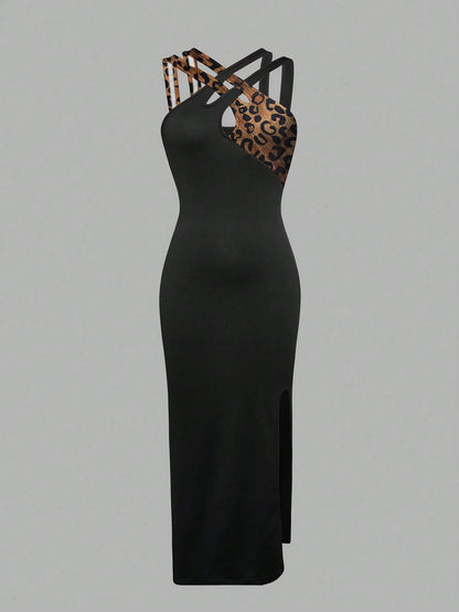 Xyvia Color-Blocked Leopard Print Halterneck Dress With Hollow-Out Details, Summer Maxi Women Outfit
