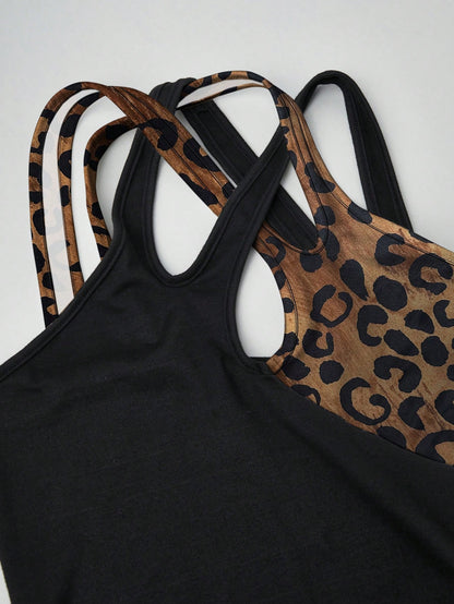Xyvia Color-Blocked Leopard Print Halterneck Dress With Hollow-Out Details, Summer Maxi Women Outfit