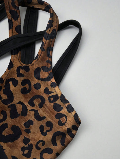 Xyvia Color-Blocked Leopard Print Halterneck Dress With Hollow-Out Details, Summer Maxi Women Outfit