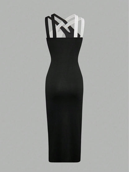 Xyvia Color-Blocked Leopard Print Halterneck Dress With Hollow-Out Details, Summer Maxi Women Outfit