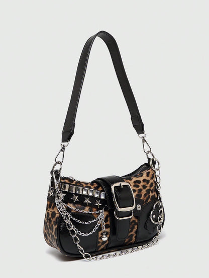 Y2K Fashionable Versatile Star & Moon Design Unique Silver Millennium Shoulder Chain Crossbody Bag, Perfect For Girls' Street Style And Party Outfits