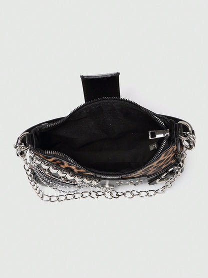 Y2K Fashionable Versatile Star & Moon Design Unique Silver Millennium Shoulder Chain Crossbody Bag, Perfect For Girls' Street Style And Party Outfits