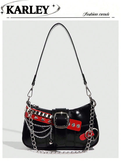 Y2K Fashionable Versatile Star & Moon Design Unique Silver Millennium Shoulder Chain Crossbody Bag, Perfect For Girls' Street Style And Party Outfits