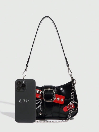 Y2K Fashionable Versatile Star & Moon Design Unique Silver Millennium Shoulder Chain Crossbody Bag, Perfect For Girls' Street Style And Party Outfits
