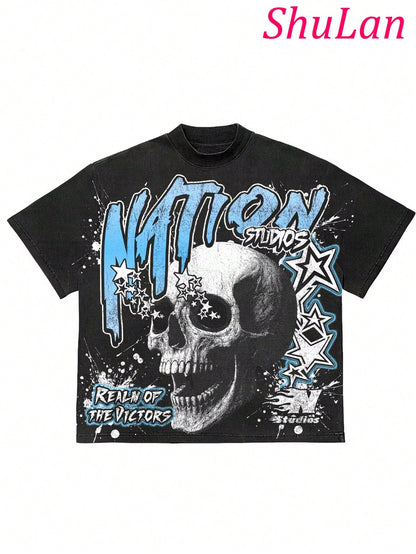 Y2K Hip-Hop Men's Vintage Skull Star Graphic Tee Streetwear Men Summer Casual Fashion Men Clothes Top