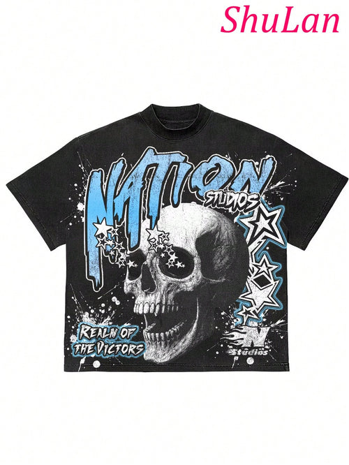 Y2K Hip-Hop Men's Vintage Skull Star Graphic Tee Streetwear Men Summer Casual Fashion Men Clothes Top