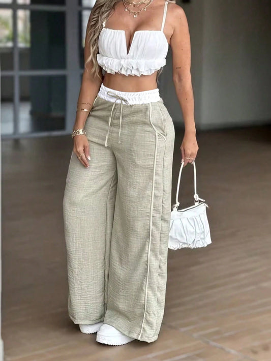 Y2K Light Greenish-Gray High Waist Wide Leg Pants, European And American Loose Casual Pants, Spring/Summer Versatile Slimming Straight Leg Wide Pants