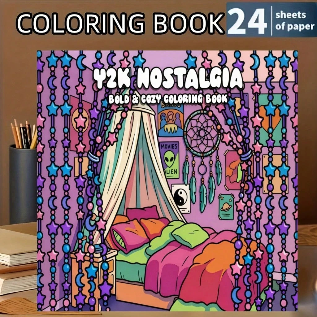 Y2K NOSTALGIA Coloring Book, 2000s & 90s Aesthetic Pop Culture Coloring, Bold & Simple, For Adults & Teens. This Coloring Book Features Themes Of Retro Technology, Fashion, And Early 2000s Pop Culture