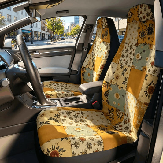 Yellow Boho Patchwork Car Seat Covers, Vintage Floral Auto Accessories, Sweat And Dirt Protection, Stylish Car Accessories Interior, Universal Fit Polyester Vehicle Seat Protector