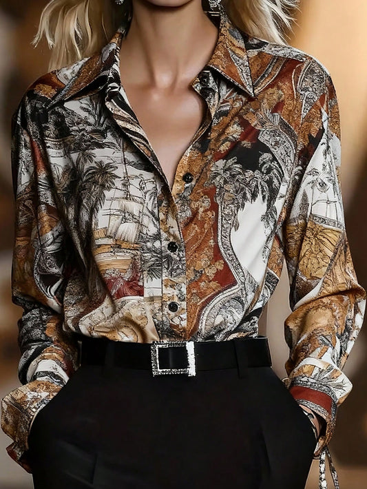 YI XUAN Vintage Paisley Print Women's Shirt, Long Sleeve Button-Up Blouse, Suitable For Casual And Business Occasions Spring Vacation Brown