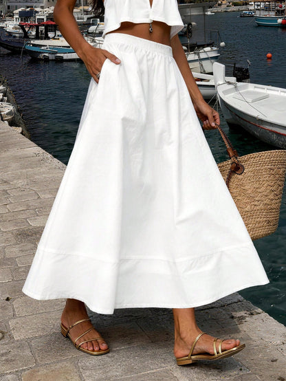 YIU Women's White Umbrella-Shaped Minimalist Elegant Long Dress, With Pockets, Suitable For Daily Casual, Vacation, Office, Travel, Date Wear