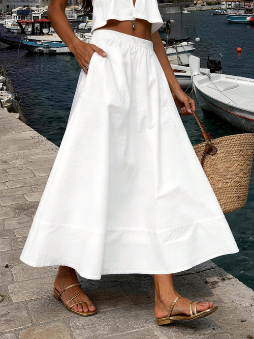 YIU Women's White Umbrella-Shaped Minimalist Elegant Long Dress, With Pockets, Suitable For Daily Casual, Vacation, Office, Travel, Date Wear