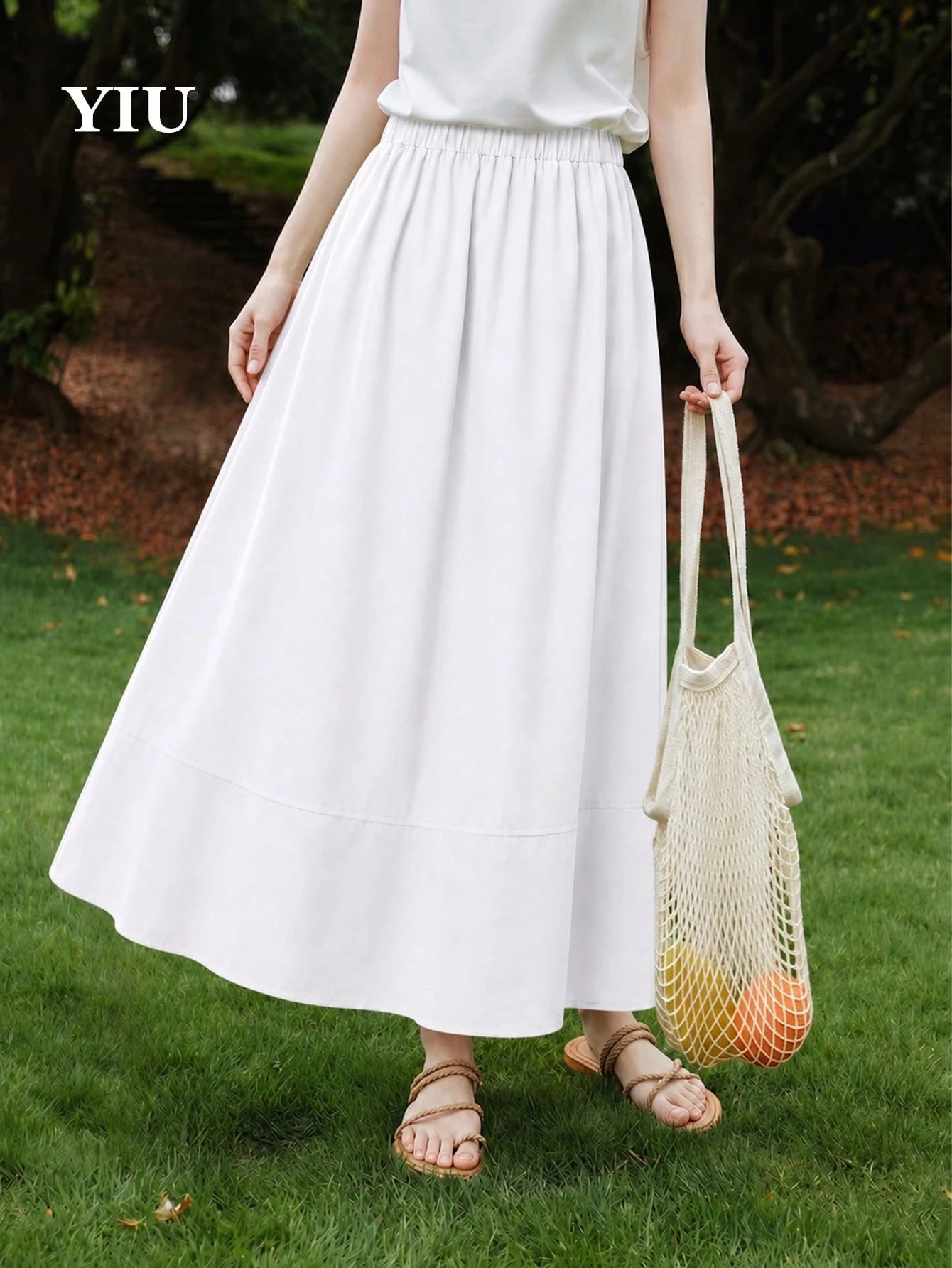 YIU Women's White Umbrella-Shaped Minimalist Elegant Long Dress, With Pockets, Suitable For Daily Casual, Vacation, Office, Travel, Date Wear