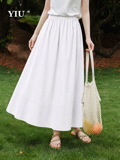 YIU Women's White Umbrella-Shaped Minimalist Elegant Long Dress, With Pockets, Suitable For Daily Casual, Vacation, Office, Travel, Date Wear