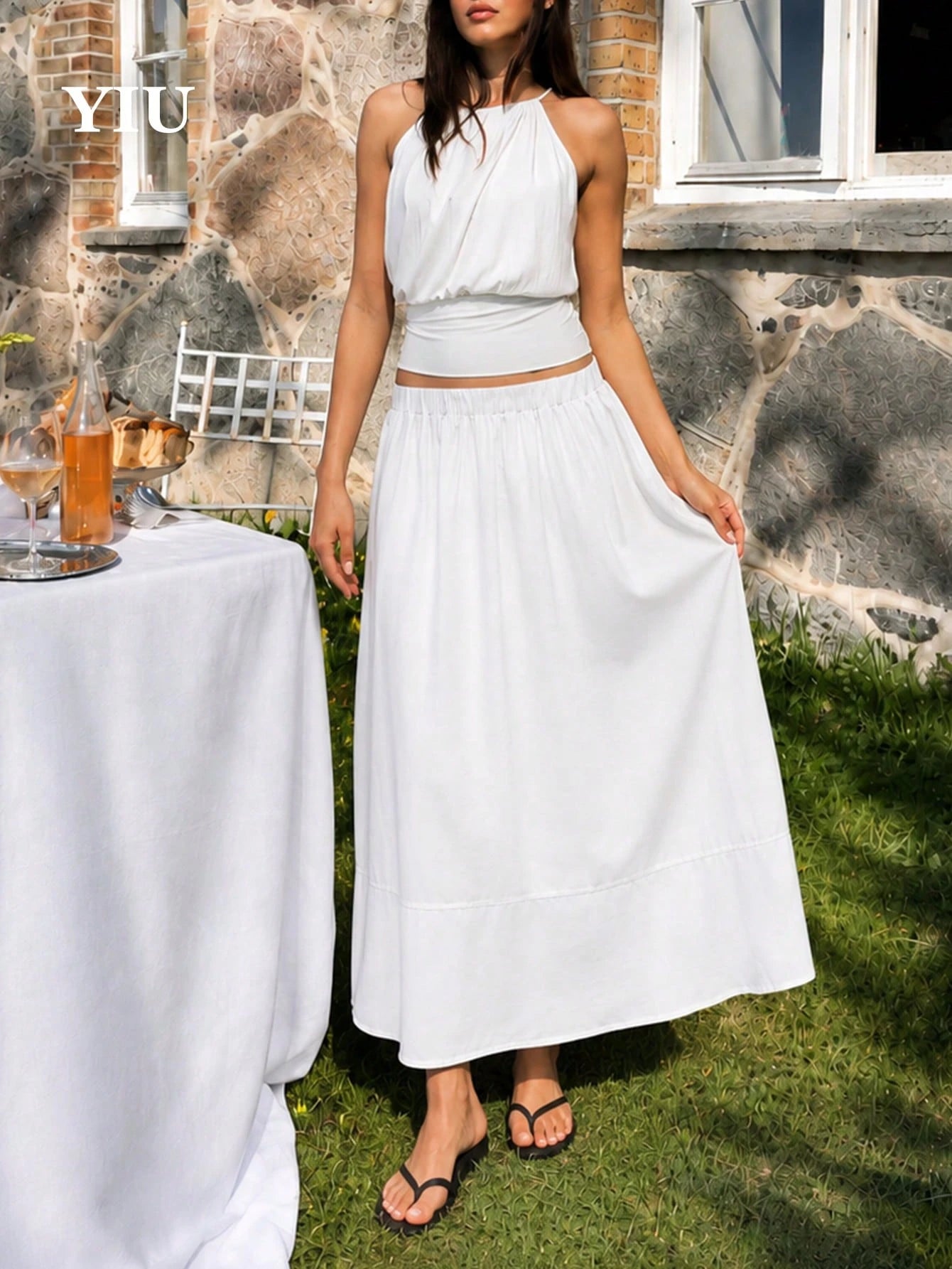 YIU Women's White Umbrella-Shaped Minimalist Elegant Long Dress, With Pockets, Suitable For Daily Casual, Vacation, Office, Travel, Date Wear