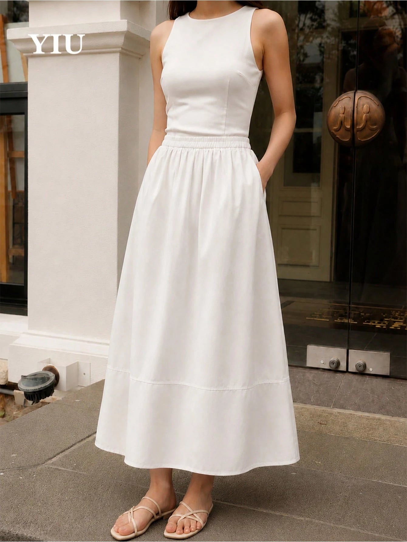YIU Women's White Umbrella-Shaped Minimalist Elegant Long Dress, With Pockets, Suitable For Daily Casual, Vacation, Office, Travel, Date Wear