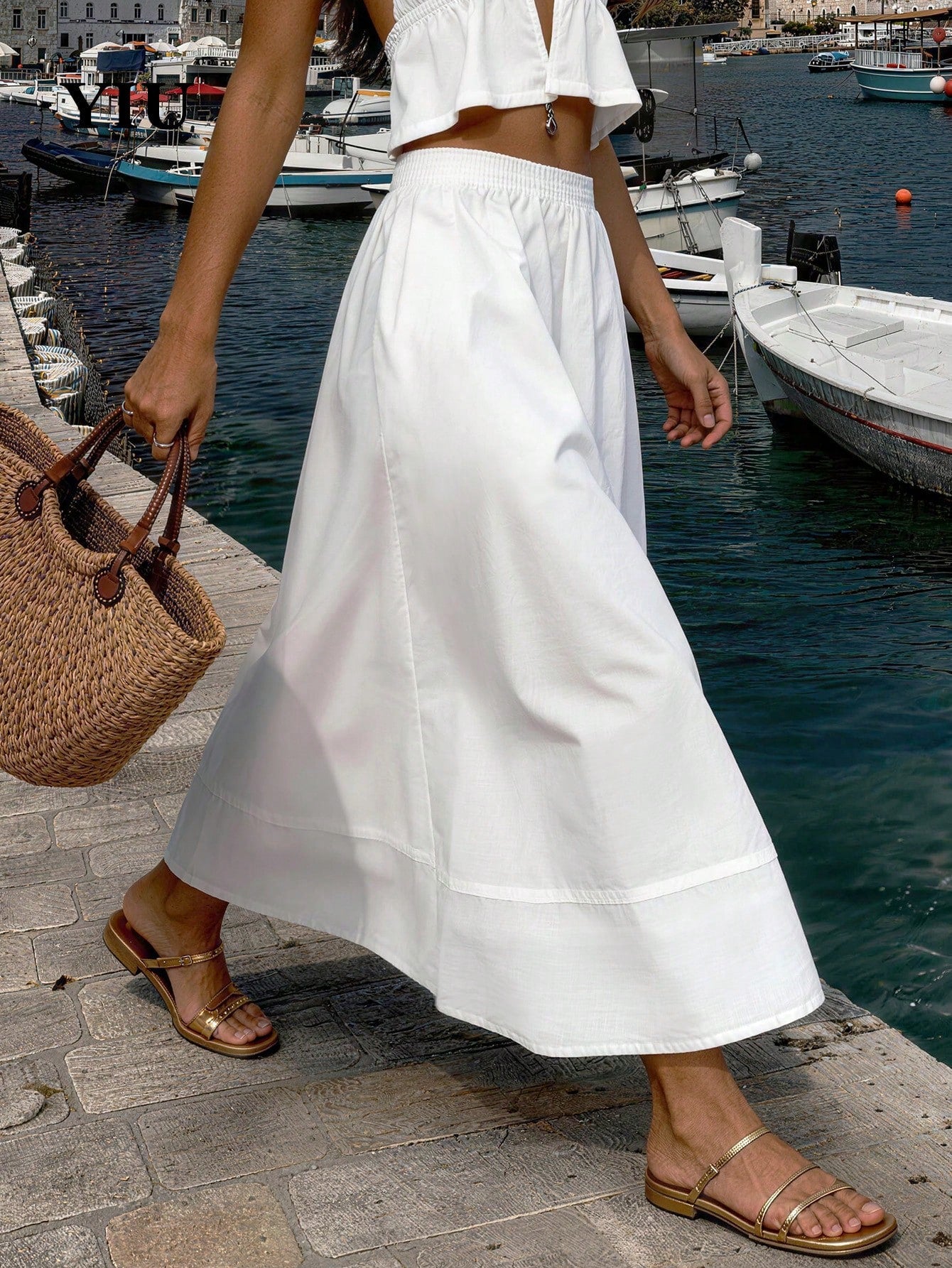 YIU Women's White Umbrella-Shaped Minimalist Elegant Long Dress, With Pockets, Suitable For Daily Casual, Vacation, Office, Travel, Date Wear