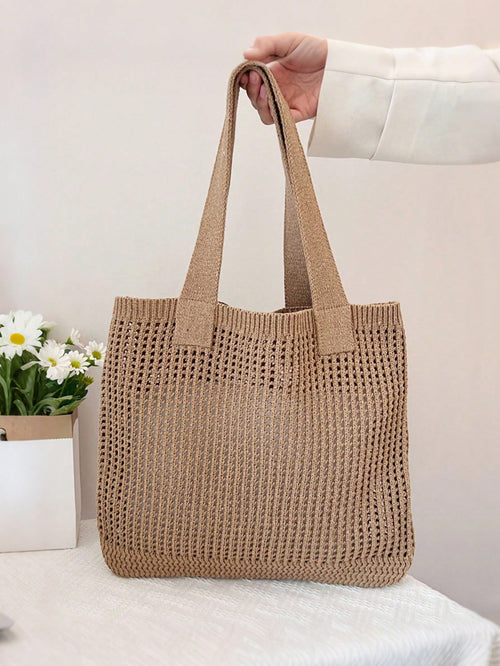 Yogodlns New Summer Women's Vintage Vacation Style Handmade Woven Shoulder Strap Crochet Large Capacity Tote Bag, Hollow Knit Tote Bag, Holiday Style