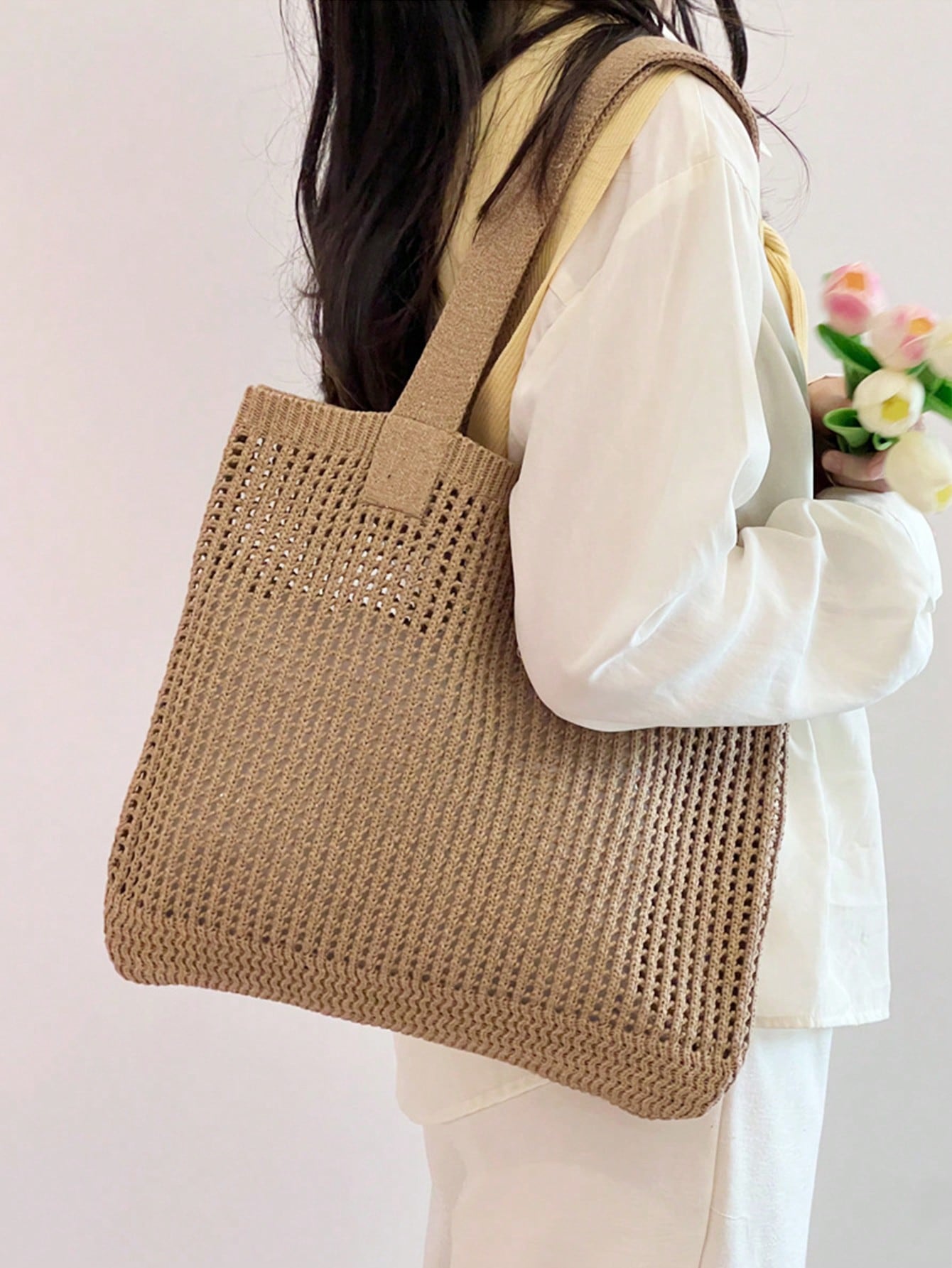Yogodlns New Summer Women's Vintage Vacation Style Handmade Woven Shoulder Strap Crochet Large Capacity Tote Bag, Hollow Knit Tote Bag, Holiday Style