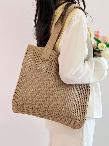 Yogodlns New Summer Women's Vintage Vacation Style Handmade Woven Shoulder Strap Crochet Large Capacity Tote Bag, Hollow Knit Tote Bag, Holiday Style