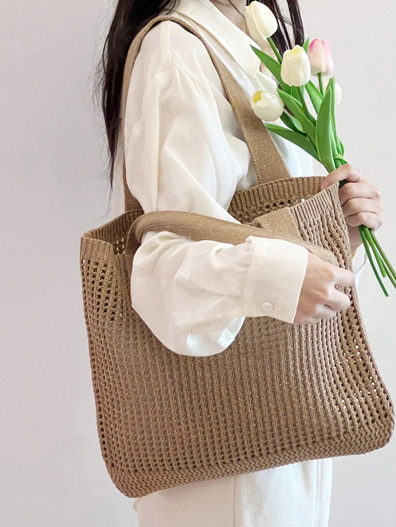 Yogodlns New Summer Women's Vintage Vacation Style Handmade Woven Shoulder Strap Crochet Large Capacity Tote Bag, Hollow Knit Tote Bag, Holiday Style