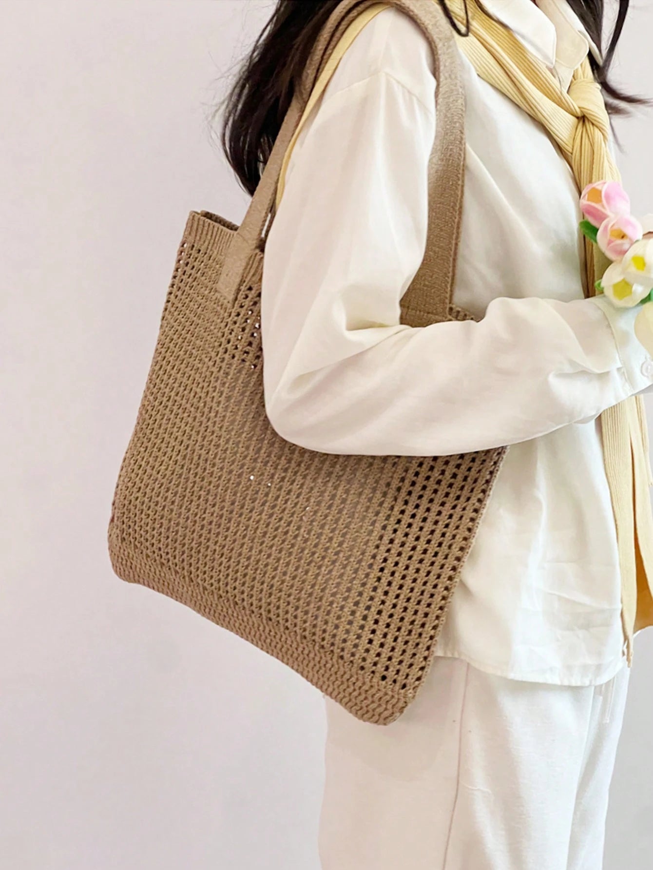 Yogodlns New Summer Women's Vintage Vacation Style Handmade Woven Shoulder Strap Crochet Large Capacity Tote Bag, Hollow Knit Tote Bag, Holiday Style