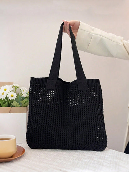 Yogodlns New Summer Women's Vintage Vacation Style Handmade Woven Shoulder Strap Crochet Large Capacity Tote Bag, Hollow Knit Tote Bag, Holiday Style