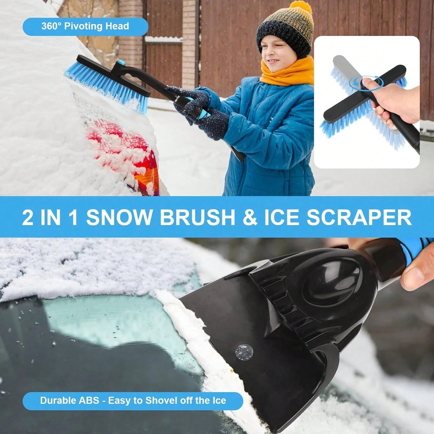 Yougfin 2 In 1 Extendable Snow Brush With Ice Scraper For Car Windshield, 33 Inch Car Window Scraper &Amp; Foam Snow Removal Brush For SUV, Heavy Duty Snow Cleaner For Truck Van, 360° Pivoting Head