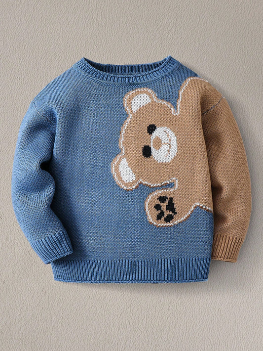 Young Boy Cartoon Bear Round Neck Long Sleeve Casual Sweater, Autumn Fall Winter