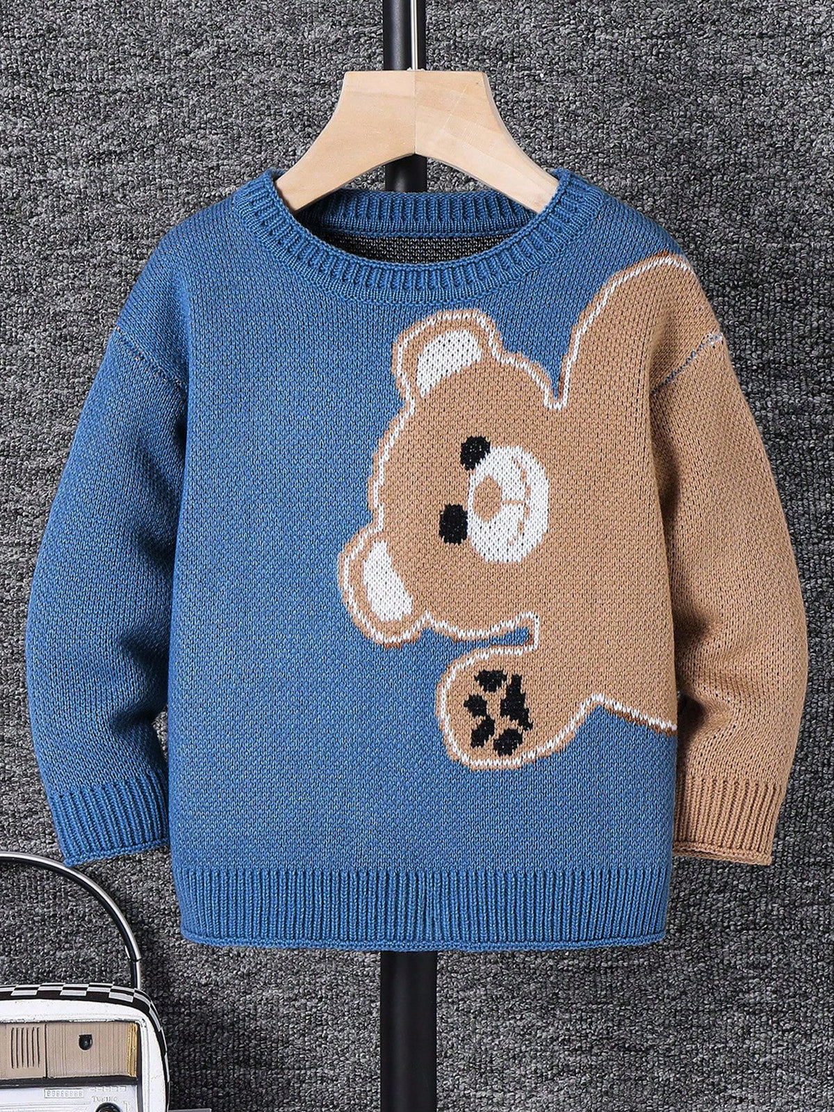 Young Boy Cartoon Bear Round Neck Long Sleeve Casual Sweater, Autumn Fall Winter