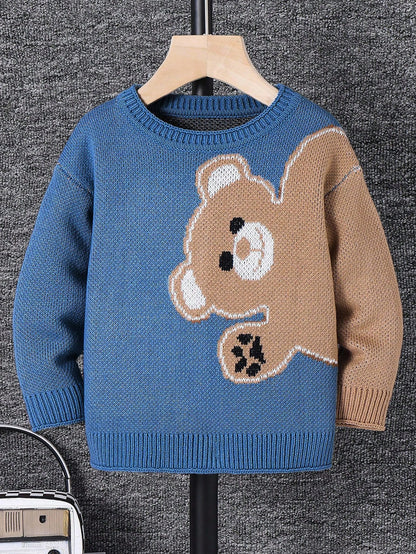 Young Boy Cartoon Bear Round Neck Long Sleeve Casual Sweater, Autumn Fall Winter