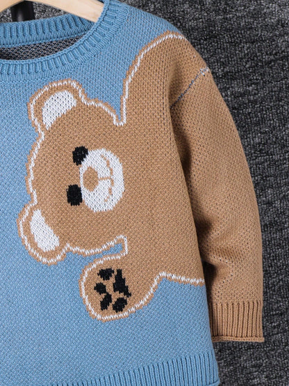 Young Boy Cartoon Bear Round Neck Long Sleeve Casual Sweater, Autumn Fall Winter