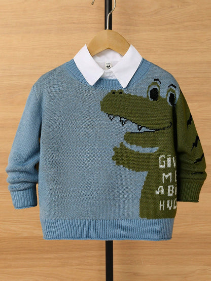Young Boy Cartoon Bear Round Neck Long Sleeve Casual Sweater, Autumn Fall Winter
