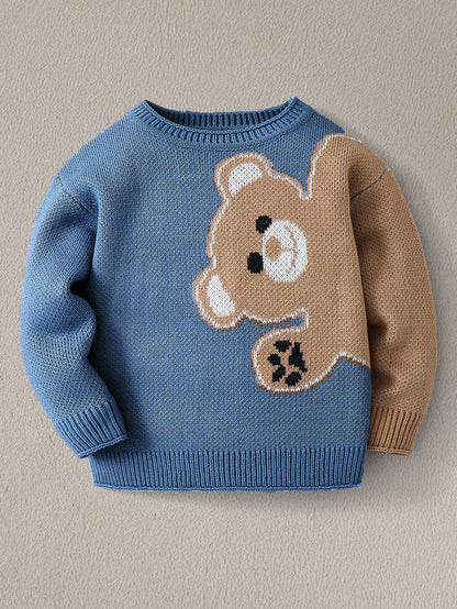 Young Boy Cartoon Bear Round Neck Long Sleeve Casual Sweater, Autumn Fall Winter