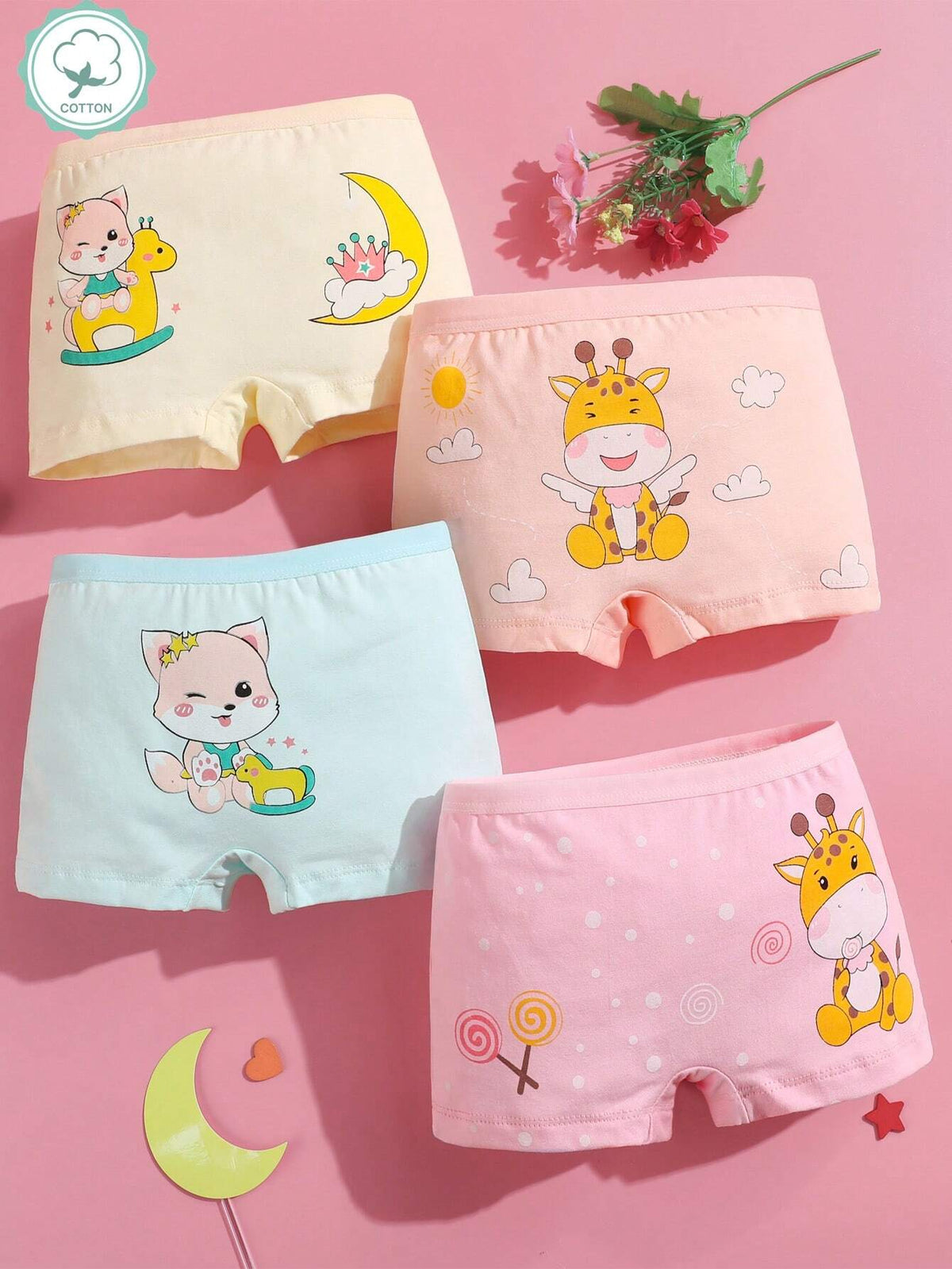 Young Girl 4pcs/Pack Soft & Comfortable Cartoon Printed Boxy Briefs