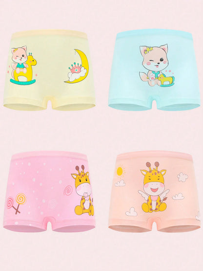Young Girl 4pcs/Pack Soft & Comfortable Cartoon Printed Boxy Briefs