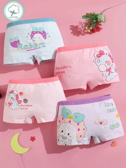 Young Girl 4pcs/Pack Soft & Comfortable Cartoon Printed Boxy Briefs