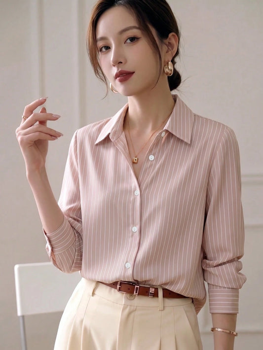 YUXIN Spring & Autumn New Loose Fashion Blue Striped Elegant Long Sleeve Shirt, Design Sense Commuting Workwear Slimming Versatile Blouse Pink