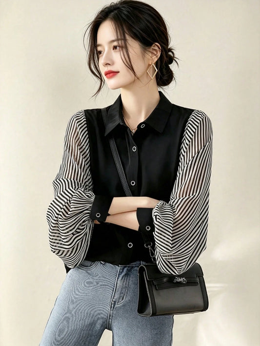 YUXIN Spring & Summer Korean Style Striped Patchwork Blouse, Lantern Sleeve Chiffon Patchwork, Loose Fit, Casual Daily Wear Top For Women
