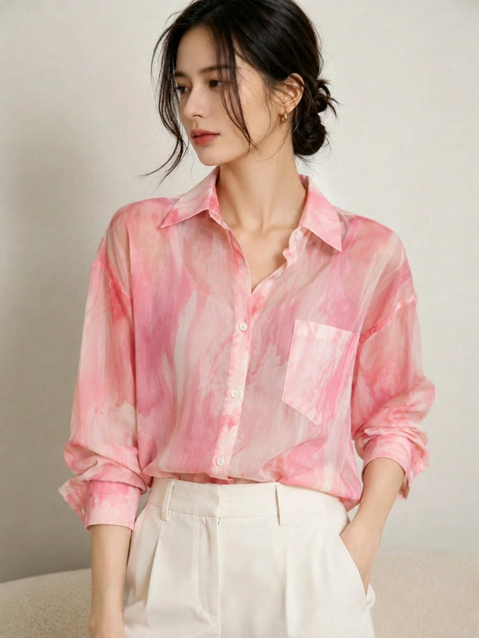 YUXIN Women's Sweet Tie-Dye Lightweight Sheer Blouse, Loose Breathable Long Sleeve Top, Suitable For Casual Outings And Vacations, Spring/Summer Pink